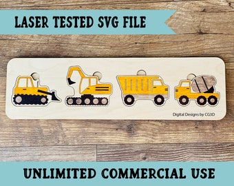 Construction Puzzle SVG - Trucks Glowforge Puzzle - Kids Puzzle SVG - Laser Puzzle SVG -  Trucks Puzzle for Kids