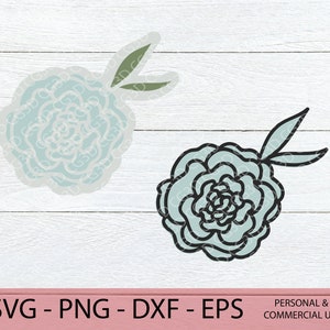 K&ouml;nnte beinhalten: Zwei florale Designs im digitalen Kunststil. Eines ist eine hellblaue Blume mit wei&szlig;em Umriss und gr&uuml;nen Bl&auml;ttern. Das andere ist eine &auml;hnliche Blume mit schwarzem Umriss. Der Text "SVG - PNG - DXF - EPS" befindet sich am unteren Bildrand.