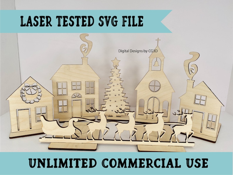 May include: Laser cut wooden Christmas village scene with a church, houses, a Christmas tree, and reindeer pulling a sleigh. The text "LASER TESTED SVG FILE" and "UNLIMITED COMMERCIAL USE" is visible on the image.