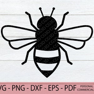 May include: A black and white silhouette of a bee with wings, a body, and six legs. The bee has a striped pattern on its abdomen.