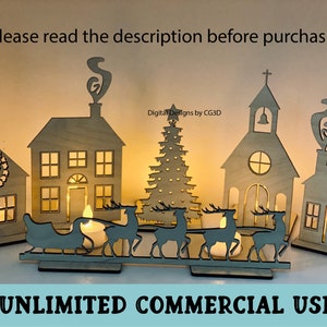 May include: A set of wooden Christmas village houses, a Christmas tree, and a sleigh with reindeer. The houses have windows and doors, and the tree has lights. The sleigh is pulled by three reindeer. The set is illuminated with tea lights.  "Unlimited Commercial Use" is written at the bottom of the image.