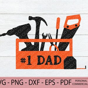 Könnte beinhalten: Eine schwarze Silhouette einer Werkzeugkiste mit verschiedenen Werkzeugen, darunter ein Hammer, eine Säge, eine Bohrmaschine und eine Zange. Die Werkzeugkiste ist orange und hat den Text "#1 DAD" auf der Vorderseite.