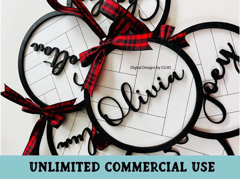 May include: Circular wooden ornaments with names cut out in a cursive font. The ornaments have a black border, a white and gray background, and are adorned with red and black plaid ribbons. The text "UNLIMITED COMMERCIAL USE" is at the bottom.