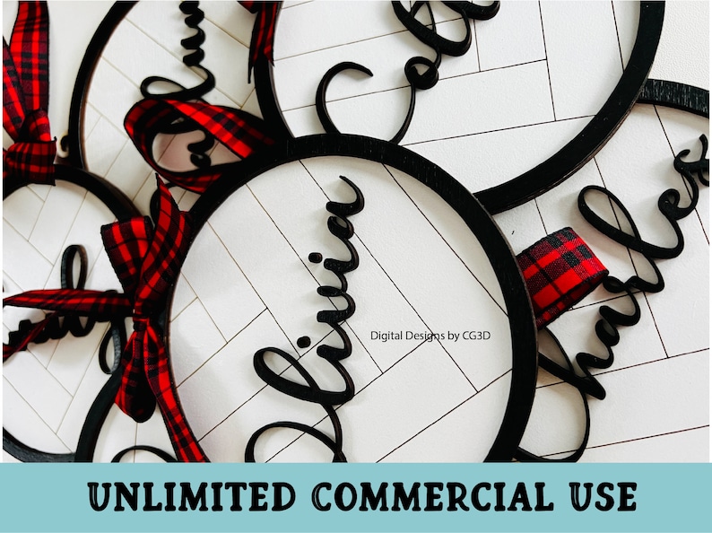 May include: Circular wooden ornaments with black frames and white interiors, featuring names in cursive script. Each ornament is adorned with a red and black plaid ribbon. The image includes the text "UNLIMITED COMMERCIAL USE".