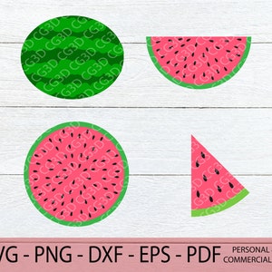 May include: Four watermelon slices in different shapes and sizes. The watermelon slices are red with black seeds and green rinds. The watermelon slices are on a white wooden background.