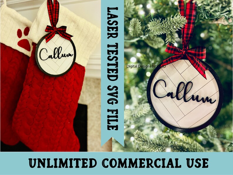 May include: A Christmas ornament with the name "Callum" in a black script font. The ornament has a white herringbone pattern and a black border, with a red and black plaid ribbon for hanging. The image also shows a red Christmas stocking.