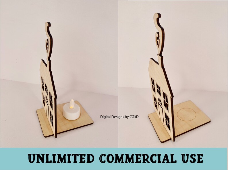 May include: Wooden house-shaped candle holder with a smoke plume on top. The holder has a cutout design of a house with windows and a door. A small white tea light candle sits on a separate platform.