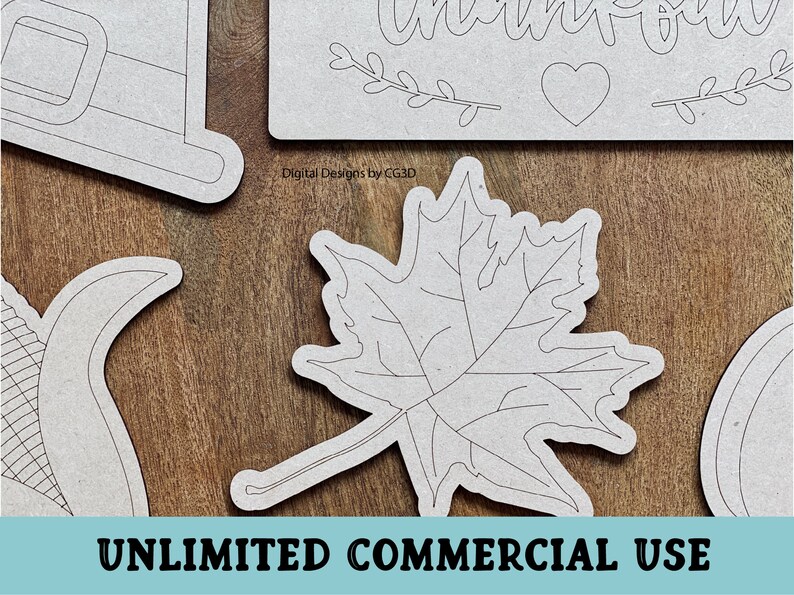May include: A set of five unfinished wood cutouts for crafting. The cutouts include a pumpkin, a cornucopia, a maple leaf, a pilgrim hat, and a sign that says "Thankful".