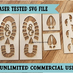 May include: Laser cut wood craft stencils for creating reindeer and boot footprints. The set includes two boot stencils, two reindeer hoof stencils, and a stencil with four reindeer hoof prints. The stencils are laser tested and ready for use.  "LASER TESTED SVG FILE" and "UNLIMITED COMMERCIAL USE" are printed on the wood.