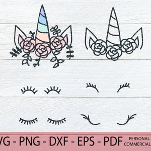 Floral Unicorn SVG - Layered Unicorn SVG - Unicorn Face Kit - Unicorn Eye Lashes - Hand Drawn Cricut File - Floral Cut Files - Rose Unicorn