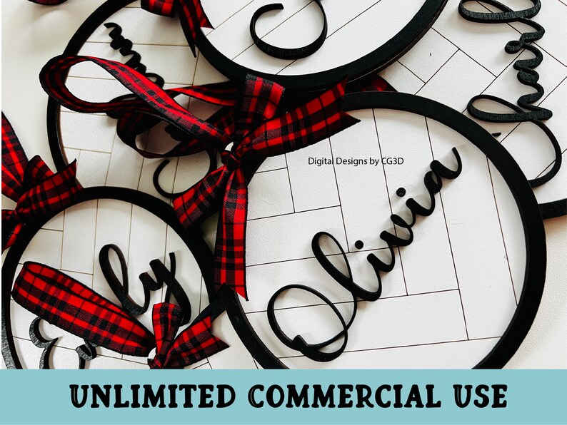May include: Circular wooden ornaments with names in a cursive font, accented with black trim and red and black plaid ribbons. The background is white with a wood grain pattern. Text on the image reads "Digital Designs by CG3D" and "UNLIMITED COMMERCIAL USE".