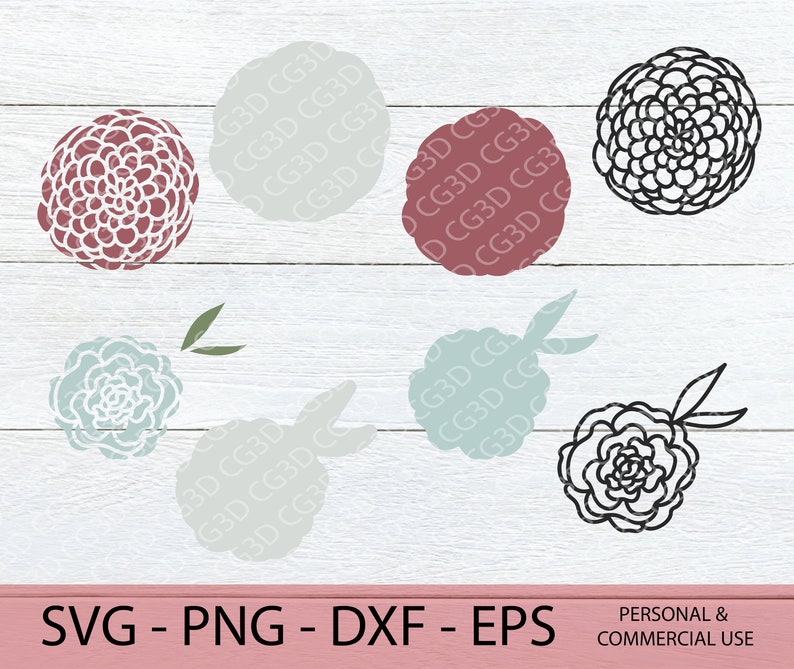 K&ouml;nnte beinhalten: Eine Sammlung floraler Designs in verschiedenen Stilen und Farben, darunter Rot, Schwarz und Blaugr&uuml;n. Das Bild enth&auml;lt den Text "SVG - PNG - DXF - EPS" und "PERSONAL & COMMERCIAL USE".