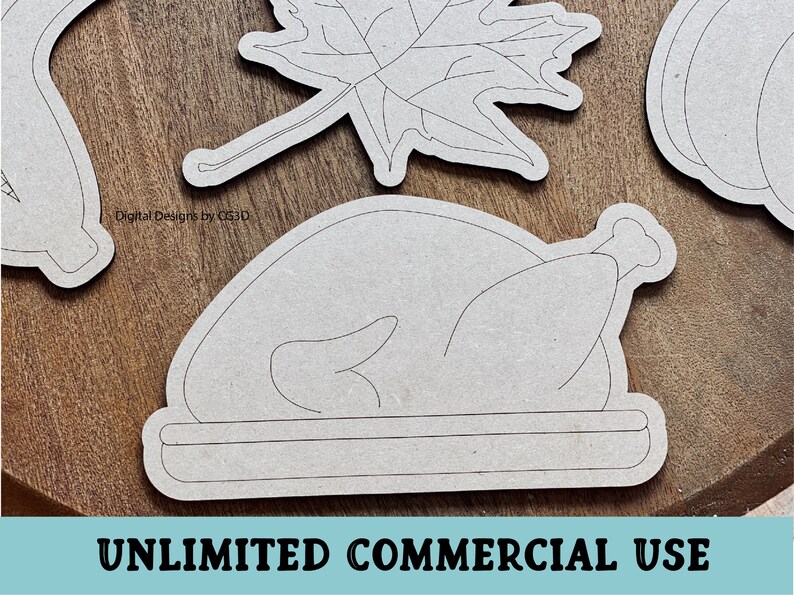 May include: A black and white outline of a roasted turkey on a platter. The image is on a wood background. The text "UNLIMITED COMMERCIAL USE" is at the bottom of the image.
