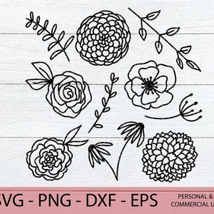 May include: A set of nine black and white floral illustrations, including a rose, a daisy, a poppy, and a dandelion. The illustrations are drawn in a simple, hand-drawn style.