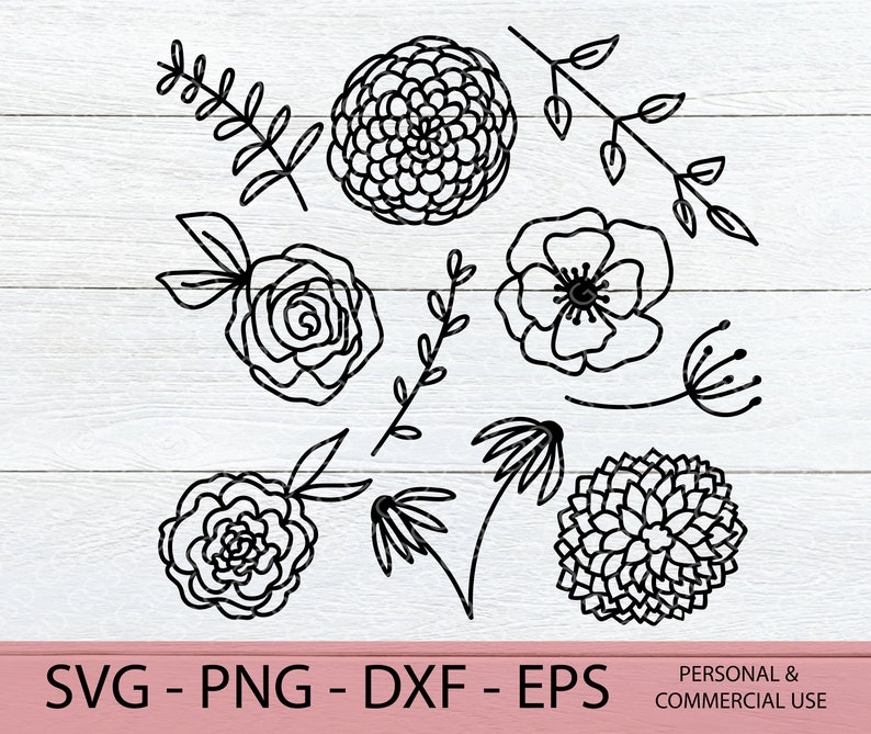 May include: A set of nine black and white floral illustrations, including a rose, a daisy, a poppy, and a dandelion. The illustrations are drawn in a simple, hand-drawn style.