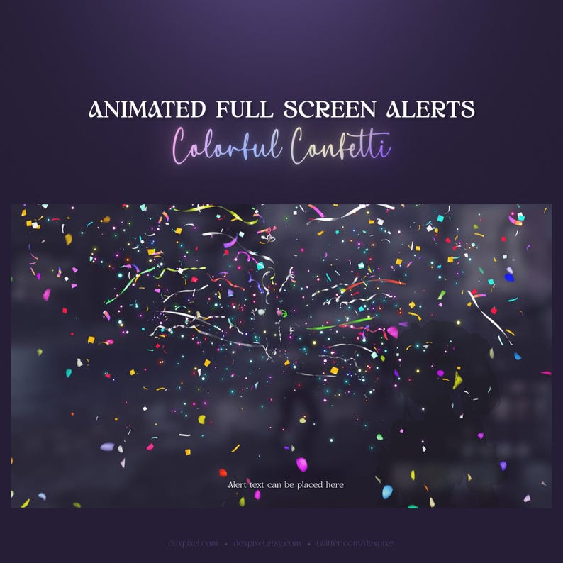May include: Animated full screen alert with colorful confetti falling on a dark background. The text "Alert text can be placed here" is at the bottom of the image.