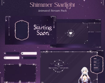May include: Animated stream pack with a purple background and white stars. The pack includes a starting soon screen, a new subscriber alert, and a screen with a character in a purple and white outfit. The text "Shimmer Starlight" is at the top of the image.