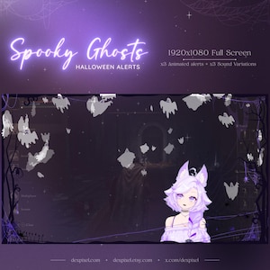 Op de afbeelding: Spooky Ghosts Halloween Alerts overlay voor streaming. De overlay heeft een paarse achtergrond met een wit spookontwerp en een paars en wit anime-personage met kattenoren. De tekst "Spooky Ghosts" en "Halloween Alerts" is in neonroze.