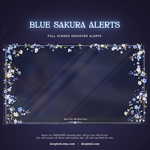 青と白の桜のアニメーション ストリーム アラート | Bloom Aesthetics Floral アラート | Twitch | Vtuber Magic | 全画面アラート