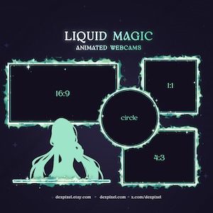 Puede incluir: Superposiciones de webcam animadas con un tema de magia líquida. Las superposiciones tienen forma de círculo, rectángulo 16:9, cuadrado 1:1 y rectángulo 4:3. El texto "LIQUID MAGIC" y "ANIMATED WEBCAMS" está en la parte superior de la imagen.