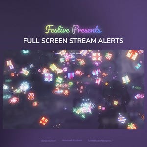 May include: A digital graphic with the text "Festive Presents" and "FULL SCREEN STREAM ALERTS" in a gradient font. The image features floating, glowing gift boxes and snowflakes against a dark purple background. The image is for dexpixel.com.