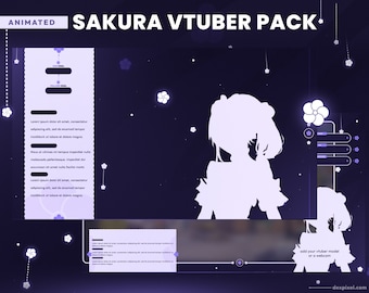 May include: Animated purple and white VTuber pack with a silhouette of a female character in a dress. The pack includes animated overlays, alerts, and a webcam frame. The text "SAKURA VTUBER PACK" is at the top of the image.