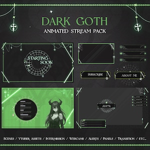 Dark Black and Green Goth Animated Stream Pack | Chatting Animated Overlays | Stream Alerts | Gothic Vtuber Aesthetics | Halloween Pack