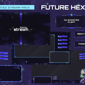 Purple Blue Futuristic Hexagonal Animated Stream Pack | Hex Glitch Animated Stream Overlays | Purple Blue Stream Alerts | Vtuber Aesthetics