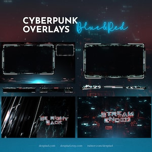 Könnte beinhalten: Cyberpunk-Overlays für das Streaming, mit blauen und roten Neon-Akzenten. Die Overlays beinhalten einen Webcam-Rahmen, einen Bildschirmrahmen, einen "Be Right Back"-Bildschirm und einen "Stream Ended"-Bildschirm.
