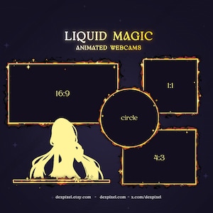 Puede incluir: Un conjunto de superposiciones de cámara web animadas con un efecto de fuego líquido dorado. Las superposiciones están en cuatro relaciones de aspecto diferentes: 16:9, 4:3, 1:1 y un círculo. El texto "LIQUID MAGIC ANIMATED WEBCAMS" está en la parte superior de la imagen.