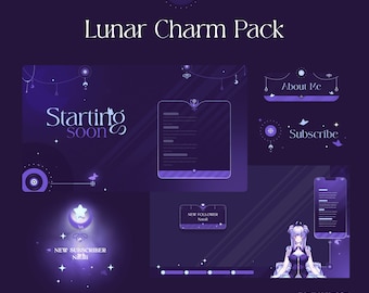 May include: A purple and white digital illustration set for Twitch streamers. The set includes a starting soon screen, a new follower alert, a new subscriber alert, a subscribe button, an about me panel, and a phone screen with a purple-haired anime character. The text on the screens reads "Starting soon", "New Follower Natali", "New Subscriber Natali", "Subscribe", "About Me", and "Vtuber Model @kurumi.chibi".