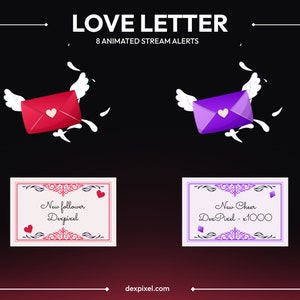 Alertas de transmisión animadas de cartas de amor / Alertas de Twitch de San Valentín / Notificaciones de transmisión animadas de lindos sobres voladores / Alertas de transmisión de Vtuber
