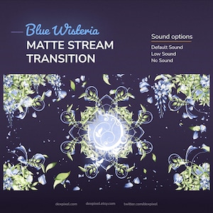 Puede incluir: Gráfico digital con el texto "Blue Wisteria MATTE STREAM TRANSITION" en azul claro y blanco. La imagen presenta un fondo azul oscuro con diseños florales y de hojas en tonos azules y verdes. Opciones de sonido enumeradas.