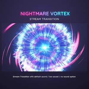Puede incluir: Un vórtice azul y rosa giratorio con un centro blanco brillante. El texto "NIGHTMARE VORTEX" y "STREAM TRANSITION" está por encima del vórtice. El texto "Stream Transition with default sound / low sound / no sound option" está debajo del vórtice.