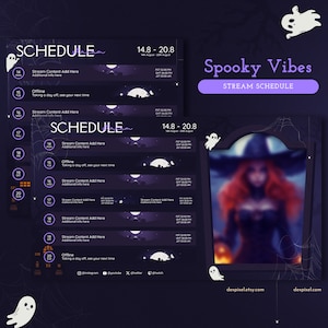 Spooky Stream Schedule | Vtuber Schedule | Halloween Weekly Schedule For Streamers | Cute Witch Ghost Spooky | Canva and PSD included