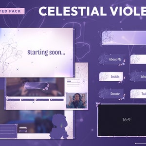 Paquete de transmisión en tonos pastel violeta y morado celestial / Superposiciones animadas para Twitch / Estética de escenas pastel de Vtuber / Constelación púrpura pastel de Vtuber