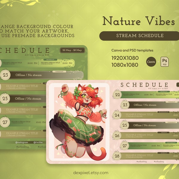 Nature Vibes Stream Schedule | Vtuber Schedule | Simple Weekly Schedule For Streamers | Cute Pastel Gren Colors| Canva and PSD included