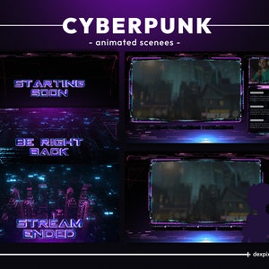 Cyberpunk Purple Animated Stream Scenes. Glitch Futuristic Neon Animated Overlays. Glitch Sci Fi Twitch Neon Scenes Overlay