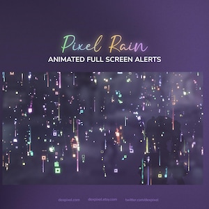 Può includere: Opera d'arte digitale con il testo "Pixel Rain" in gradiente e lo slogan "Animated Full Screen Alerts". L'immagine mostra una simulazione di pioggia di quadrati e linee pixelati colorati su uno sfondo viola scuro.