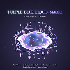 Può includere: Transizione di flusso opaco liquido magico blu e viola con un effetto brillante e vorticoso e stelle bianche su uno sfondo blu scuro. Il testo "PURPLE BLUE LIQUID MAGIC" e "MATTE STREAM TRANSITION" è visualizzato sopra l'immagine. Il testo "Transition comes with default sound / low sound / no sound variation" è visualizzato sotto l'immagine.