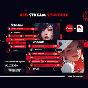 Red Stars Stream Schedule | Vtuber Schedule | Simple Weekly Schedule For Streamers | Cute Dark Red Color Tones | Canva and PSD included