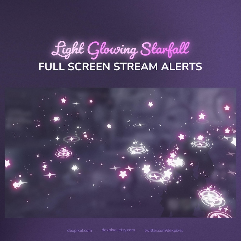 May include: A digital graphic with a dark purple background featuring glowing pink and white stars and circular designs. The text "Light Glowing Starfall" and "FULL SCREEN STREAM ALERTS" is displayed in pink and white. Website addresses are at the bottom.