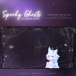 May include: A spooky Halloween animated alert for Twitch streams. The alert features a white ghost with blue hair and cat ears in front of a dark, gothic background with cobwebs. The text "Username resubscribed x5 months" is displayed at the top of the alert.