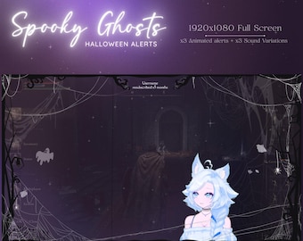 May include: A spooky Halloween animated alert for Twitch streams. The alert features a white ghost with blue hair and cat ears in front of a dark, gothic background with cobwebs. The text "Username resubscribed x5 months" is displayed at the top of the alert.