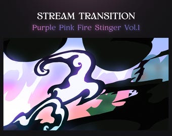 May include: Purple, pink, and black abstract design with swirling shapes. The text "STREAM TRANSITION Purple Pink Fire Stinger Vol.1" is at the top of the image. The text "Comes in WebM format with default, low, and no sound options for OBS and Streamlabs OBS." is at the bottom of the image.