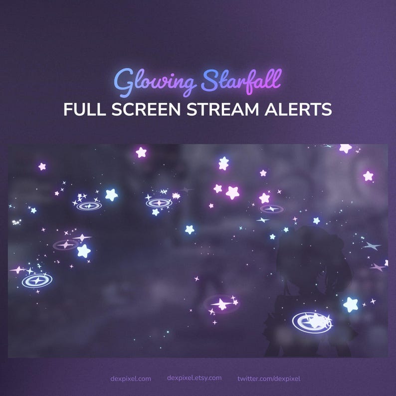 May include: A digital graphic with the text "Glowing Starfall" and "FULL SCREEN STREAM ALERTS" in a purple and blue color scheme. The image features glowing stars and circular designs, creating a celestial theme.