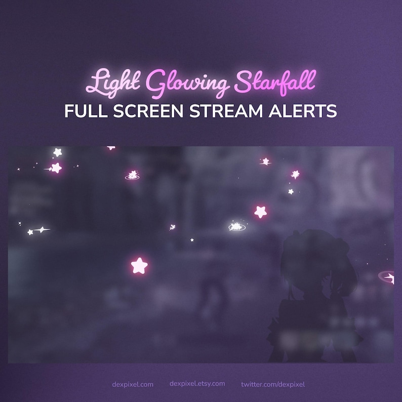 May include: A digital graphic with a dark purple background and glowing pink stars. The text "Light Glowing Starfall" and "FULL SCREEN STREAM ALERTS" are displayed in pink. Website addresses are at the bottom.