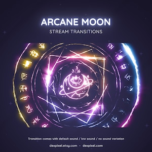 May include: A glowing purple, blue, and yellow magical circle with runes and symbols. The circle is surrounded by a dark blue background with stars. The text "ARCANE MOON STREAM TRANSITIONS" is at the top of the image. The text "Transition comes with default sound / low sound / no sound variation" is at the bottom of the image. The text "dexpixel.etsy.com - dexpixel.com" is at the bottom of the image.