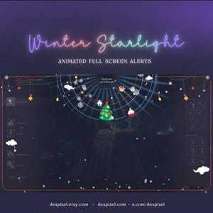 Peut inclure: Superposition animée sur le thème de l'hiver pour le streaming, avec un sapin de Noël, des flocons de neige et le texte "Winter Starlight" dans un dégradé arc-en-ciel. La superposition comprend également le texte "Username just followed".