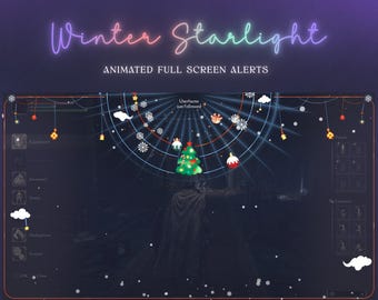 May include: Animated winter-themed overlay for streaming, featuring a Christmas tree, snowflakes, and the text "Winter Starlight" in a rainbow gradient. The overlay also includes the text "Username just followed".